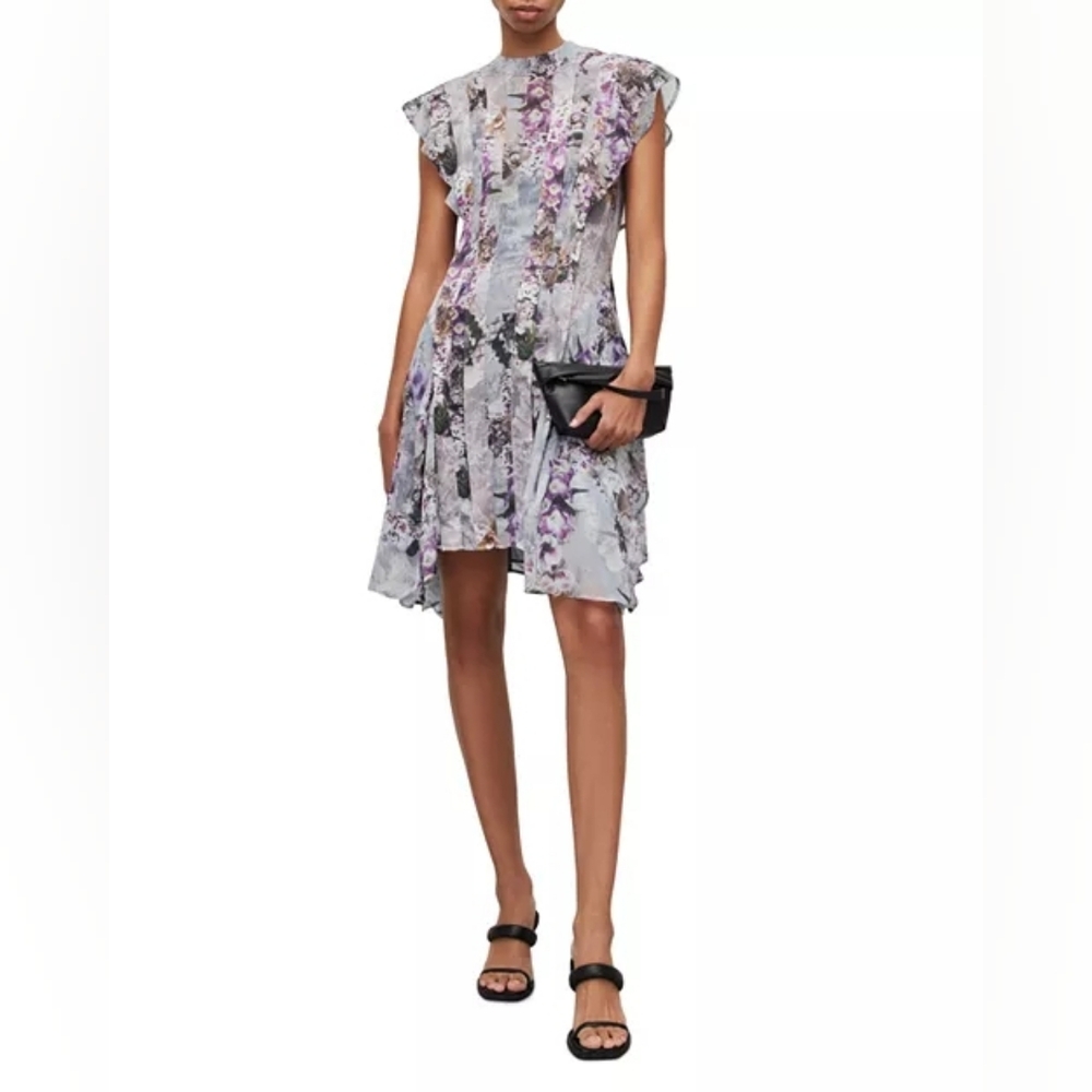 ALL SAINTS Fleur Lucia Asymmetrical Mock Neck A-line Gray Purple Dress Size 2 - Picture 2 of 16